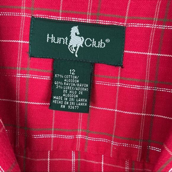 Hunt Club blouse women's 12 red plaid button front lurex long sleeve shirt - Picture 6 of 8